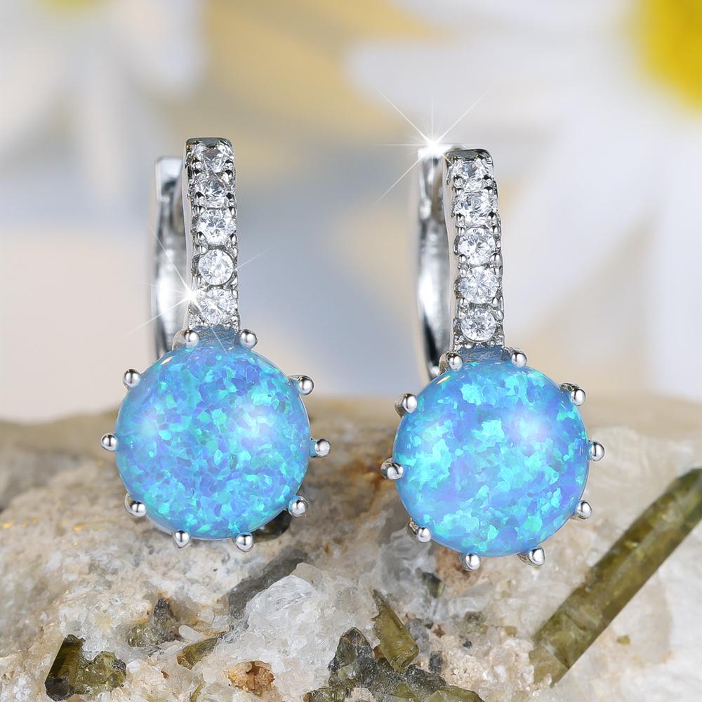 Elegant Female Round Fire Opal Silver Color Hoop Earrings Wedding Jewelry