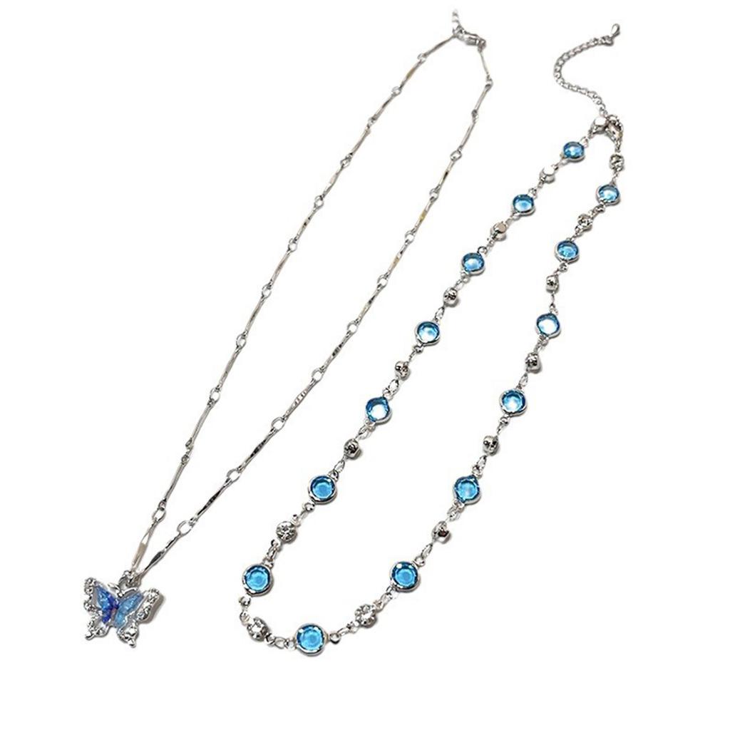 Elegant Blue Crystal Butterfly Necklace Handmade Neckchain Adjustable Length Clavicle Chain Accessory for Everyday Wear