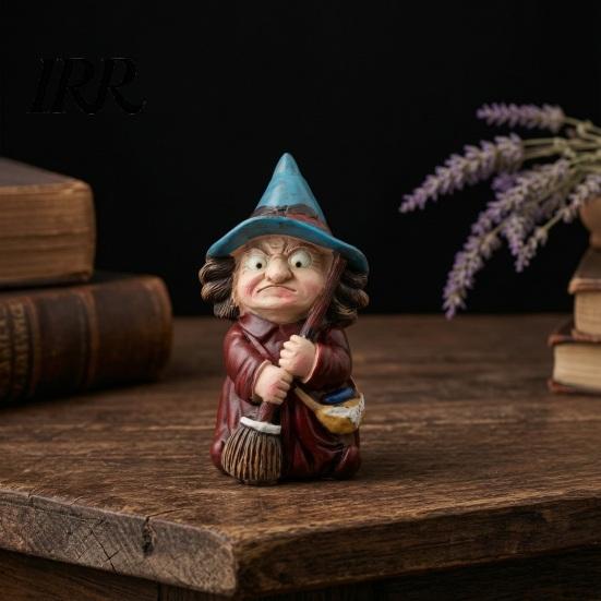 Hand-painted Halloween Figure Witch on Broomstick Resin Figurine, Gnome Statue with Wizard Hat, Decoration Vintage Spooky Decor for Shelf Desk Table,