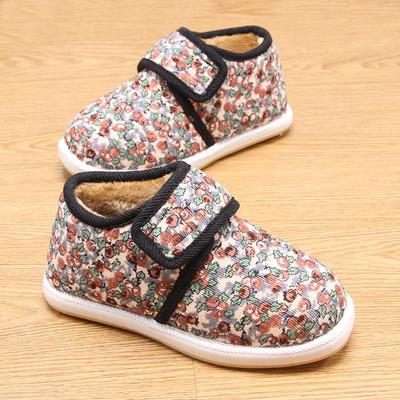 Женские зимние плюшевые внутренние женские туфли из ткани в стиле ретро на низком каблуке с вышивкой из ткани