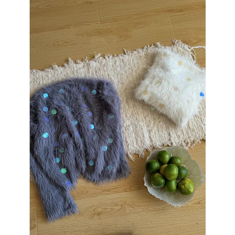 Осень и зима новый свитер с пайетками, милый, мягкий, ворсистый, из искусственного норкового флиса, пуловер, круглый вырез, нежный вязаный свитер-топ женский