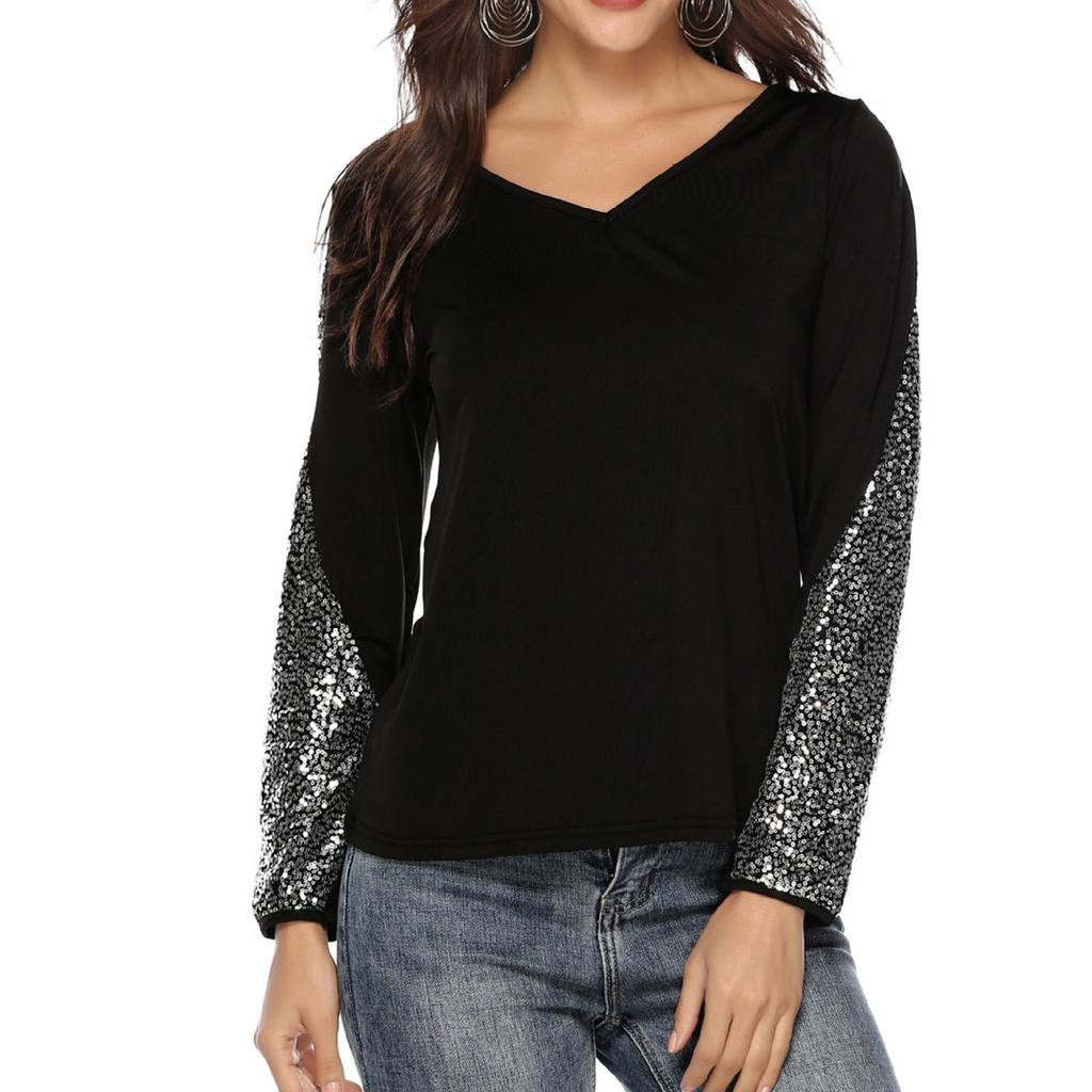 Женский модный повседневный однотонный топ с длинными рукавами и пайетками