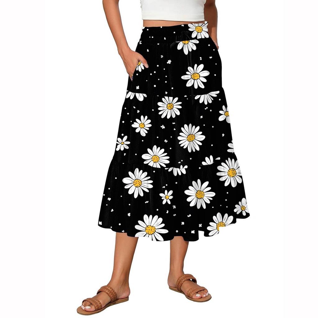 Women's Flowy Flared Ruffle Hem A Line Maxi Skirts Elastic Waist Elegant Tiered Layer Boho Long Skirts
