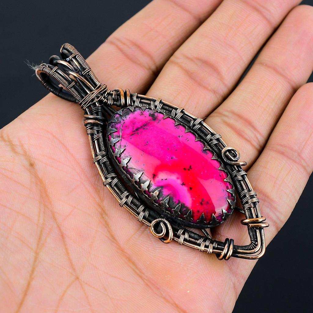Pretty Pink Dendrite Opal Gemstone Pure Copper Wire Wrapped Handmade Pendant Jewelry