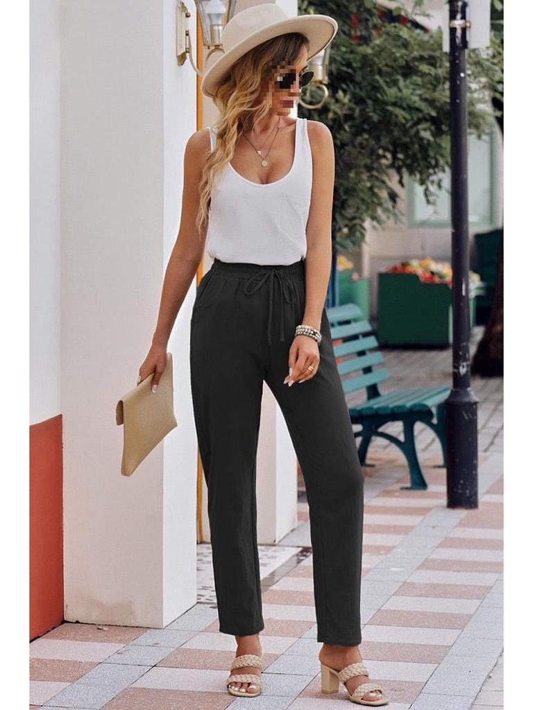 Женские хлопково-льняные брюки с кулиской и широкими штанинами