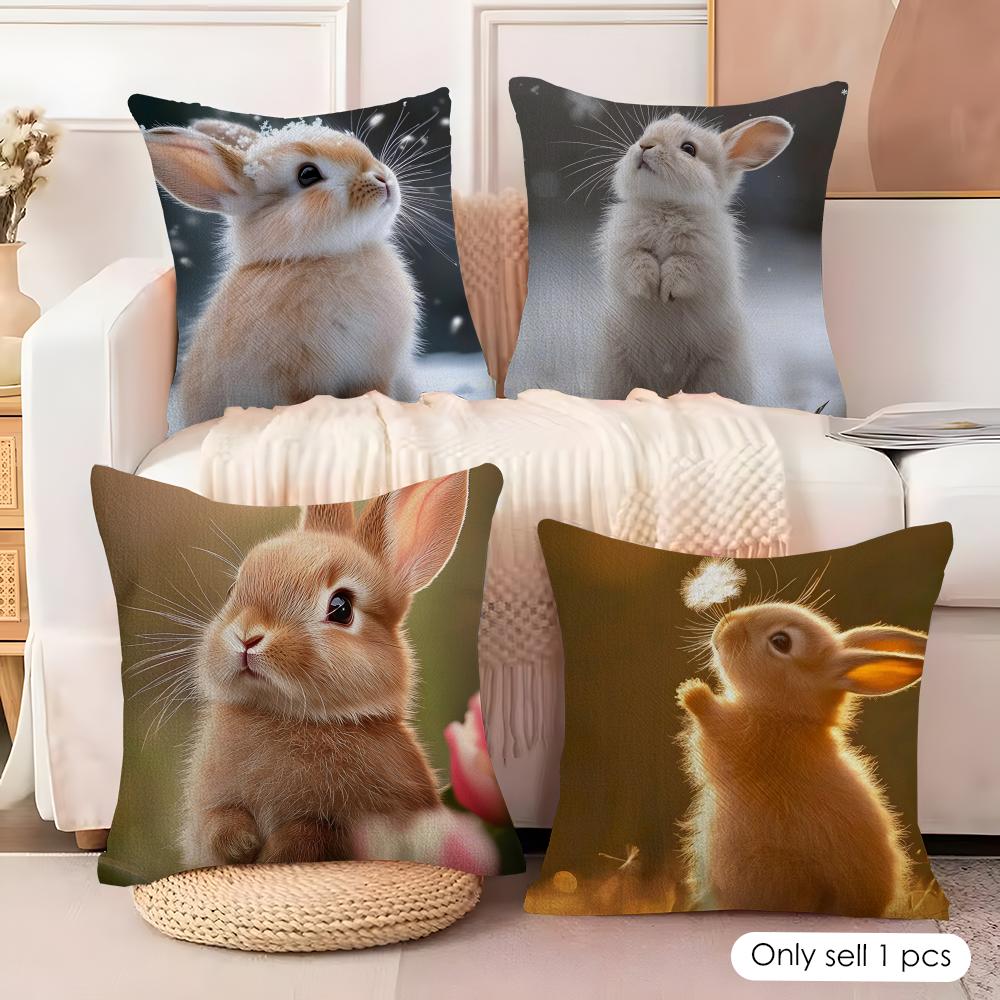 Cute Rabbit Cushion Cover Natural Linen Organic Fabric DoubleSided Printing Couch Pillow Covers Home Decor