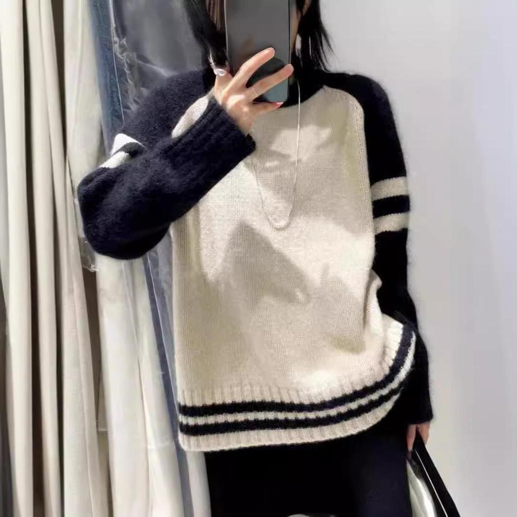 Осень/Зима Корейский Стиль Чистая Шерсть Цветовой Блок Свободный Вязаный Кашемировый Свитер для Женщин