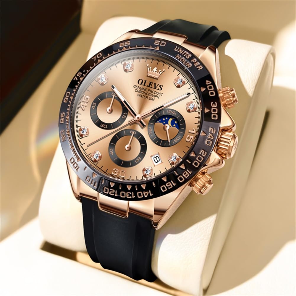 OLEVS Стильные часы Спортивные часы Популярные кварцевые часы Водонепроницаемые аналоговые часы с датой Черный силикагель ремень секундомер наручные часы Большие розовое золото Легко