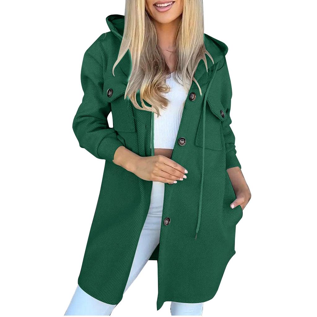 Женская свободная повседневная однотонная куртка с капюшоном, модная куртка на пуговицах