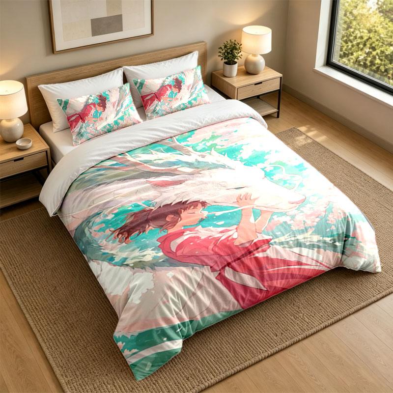 3Pcs Bedding SetSpirited Away Soft Bed Sheet and Two Pillowcases Home Bedroom Decor