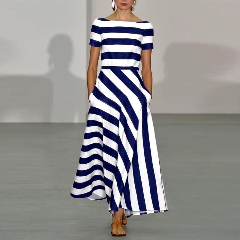 Casual Striped Long Dress With Elastic Polyester Fabric For Spring Daily Wear