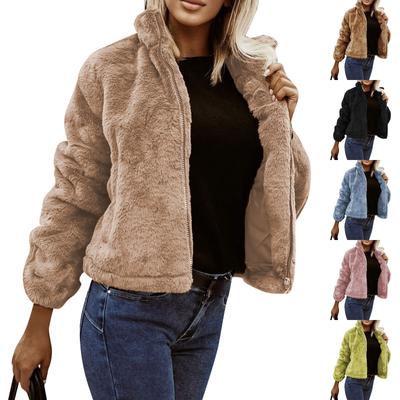 Женская повседневная модная куртка-стойка на молнии из плюша однотонного цвета