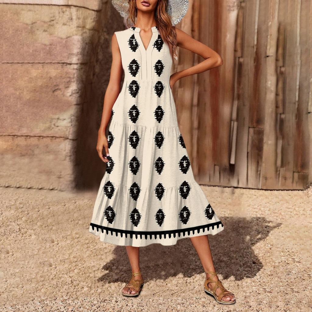 Women's Casual And Fashionable V-neck Sleeveless Printing Mid Length Dress