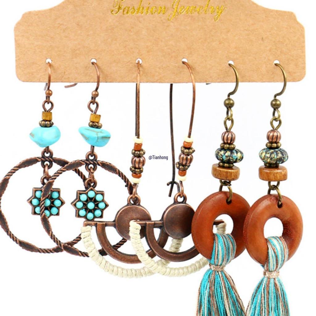 Bohemian Ethnic Retro Earring Set: 3-Piece Hanfu & Nepal Style for Women