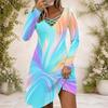 Women Criss Cross V Neck Long Sleeve Gradient Swirl Printed Curved Hem Dress