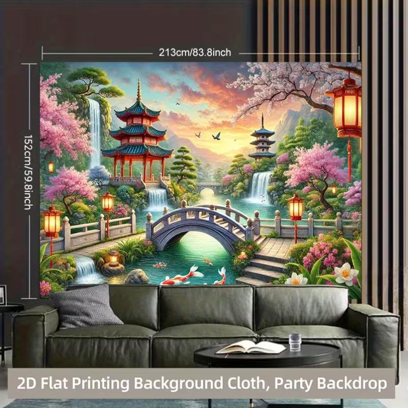 2D Vibrant Koi Fish Temple Backdrop for Studio & Party Decoration