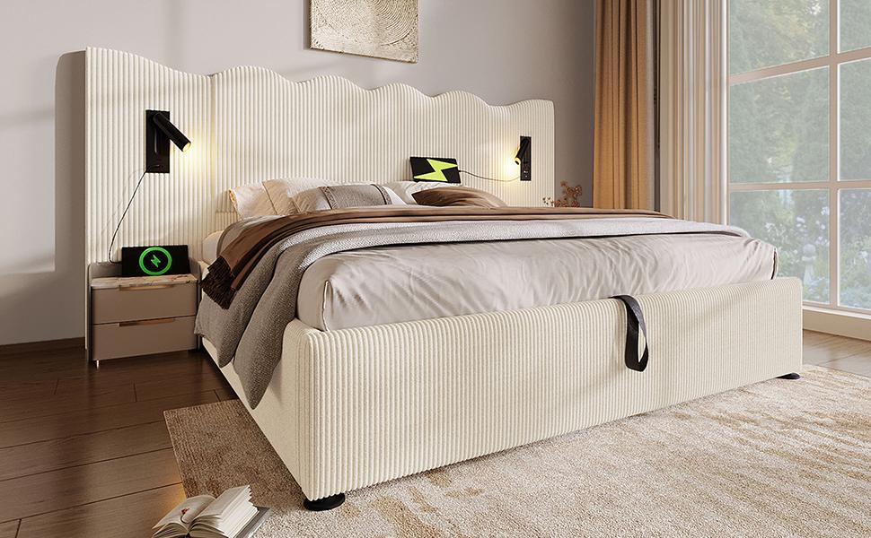 Upholstered Double Bed 180×200, Reading Lamp and USB Type-C Charging, Storage Frame of Solid Wood and Metal, Beige-White, Corduroy (Without Mattress)