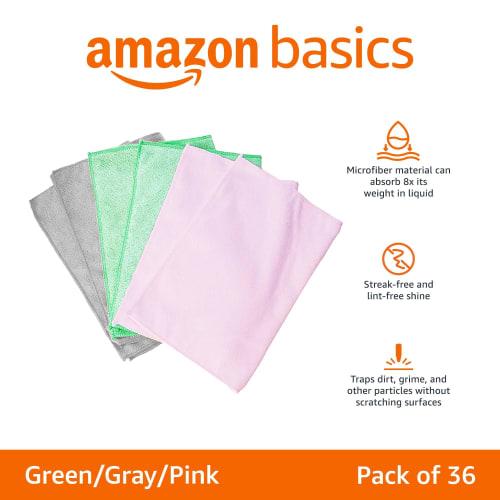 Basic Microfiber Cleaning Cloths, Multi-Purpose, for Cleaning, Car Washing, and Mopping, 36-Count (40 x 30 cm), Green, Gray, and Pink