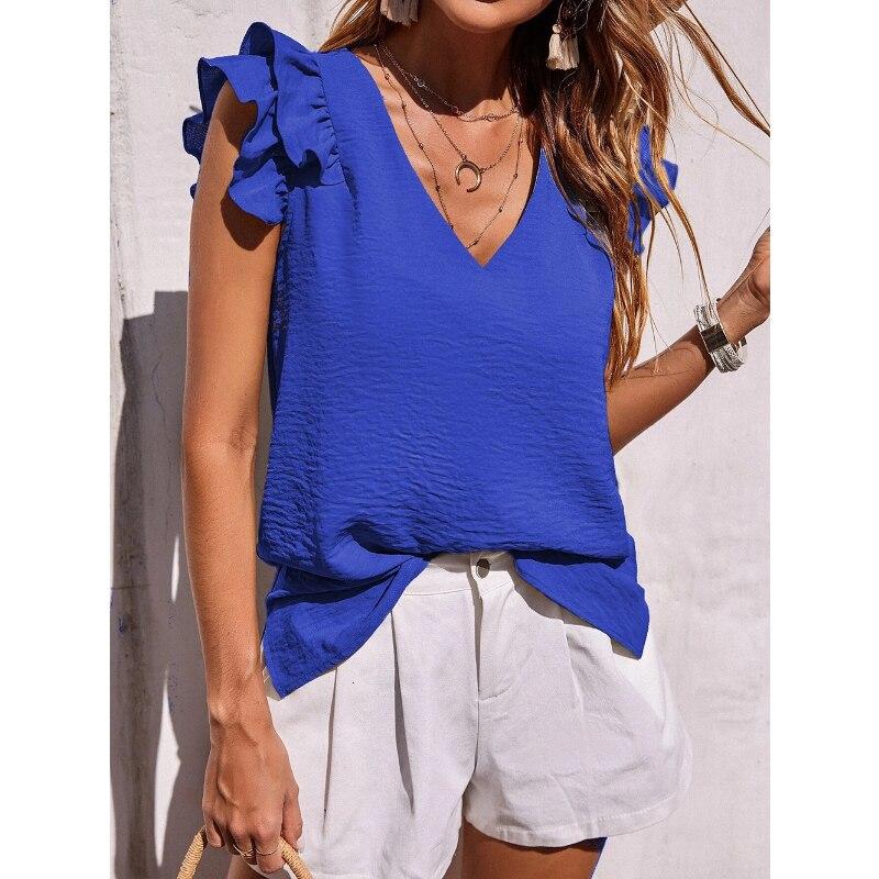Женские рубашки без рукавов и блузки с рюшами, мода 2023, летние однотонные топы с v-образным вырезом, элегантная стильная повседневная одежда Blusas 26707