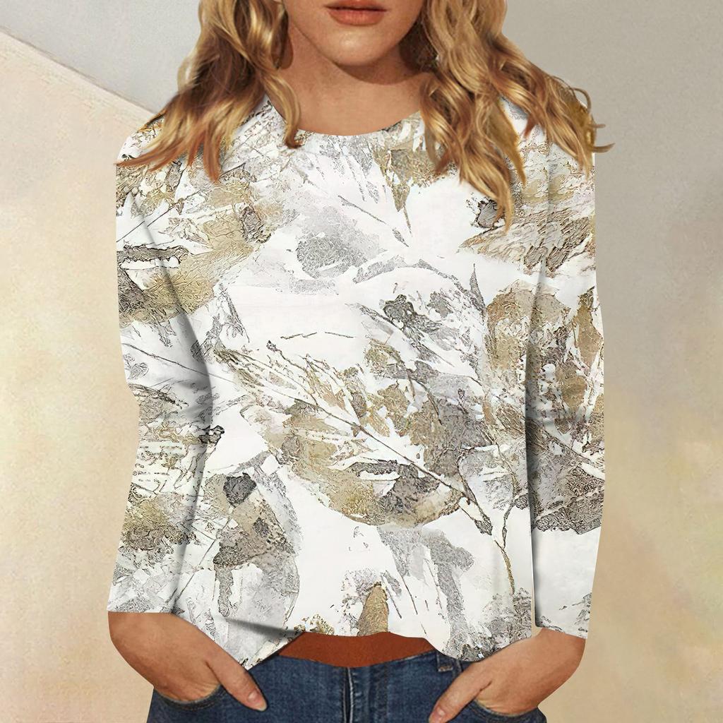 Женская модная повседневная футболка с круглым вырезом и длинным рукавом с принтом, топ