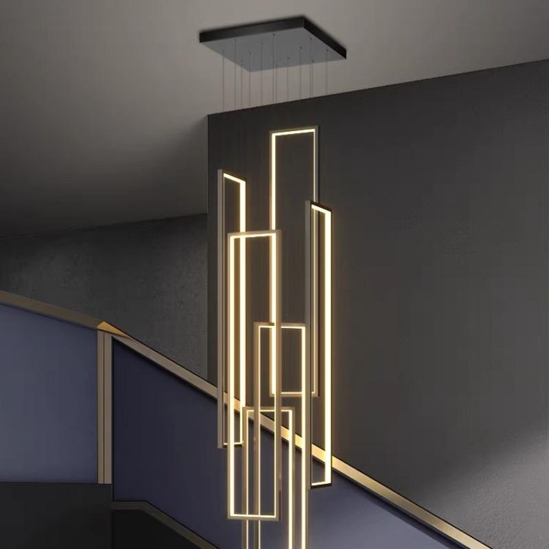 Modern LED Stair Long Chandelier Geometry Villa Duplex Pendant Lamps Luster Luxury Loft Living Room Hanging Light Fixture