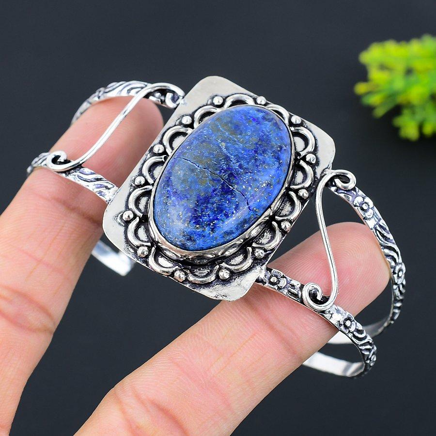 Lapis Lazuli Gemstone Handmade Ethnic 925 Silver Cuff Bangle Adjustable H8S37
