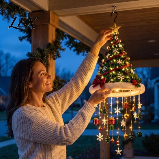 Decorative Holiday Lights Lighted Christmas Ceiling Hanging Decor, Pre-Lit Tree Bell Pendant with Winter Seasonal Landscaping Warm LED, Porch Doorway