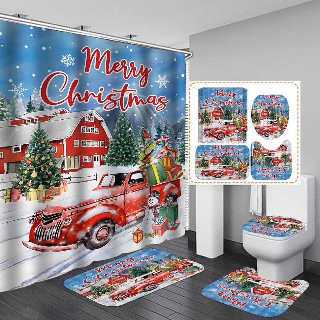 С Рождеством Ванная Комната 4 Шт. Набор Снеговик Санта-Клаус Узор Водонепроницаемая Занавеска Для Душа Коврик Для Унитаза Нескользящий Коврик Домашний Декор