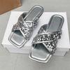 Fashion Summer New Flat Sandals for Women Fashion Square Head Open Toe Sequin Cloth Soft Sole Anti-slip Wear-resistant Slippers