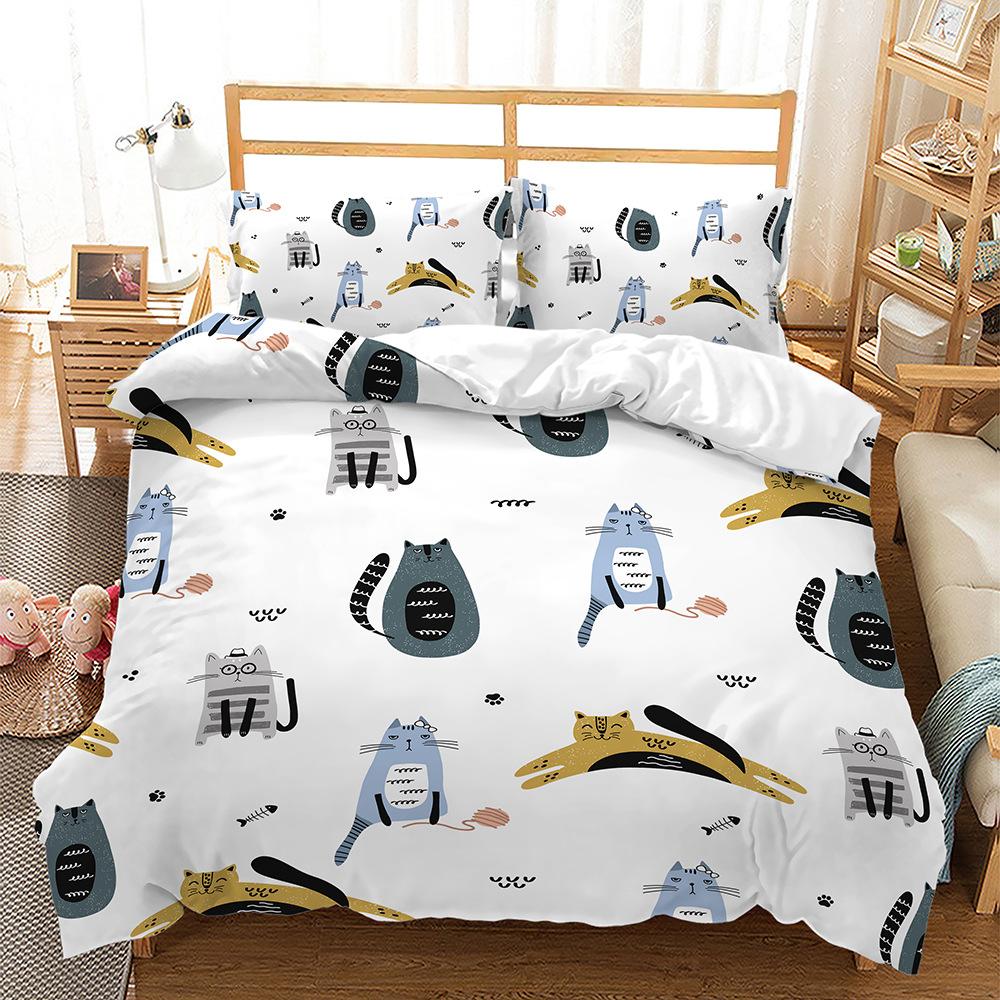 Cute Cartoon Cat Bedding Set Soft Microfiber Bed Linen With Pillowcases Queen King Single Size Animals 135X200Cm Duvet Cover Set