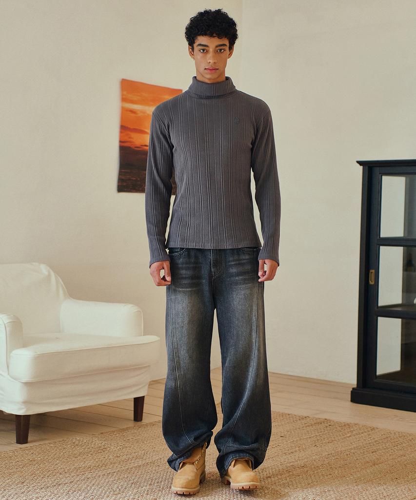 MIDSUN Ribbed Slim Turtle Neck-Charcoal