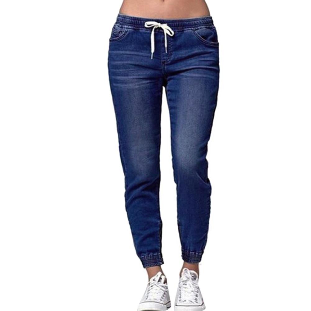 Casual Women Plus Size Drawstring Elastic Waist Jeans Loose Denim Long Pants Drawstring Elastic Waist Jeans Denim Pants
