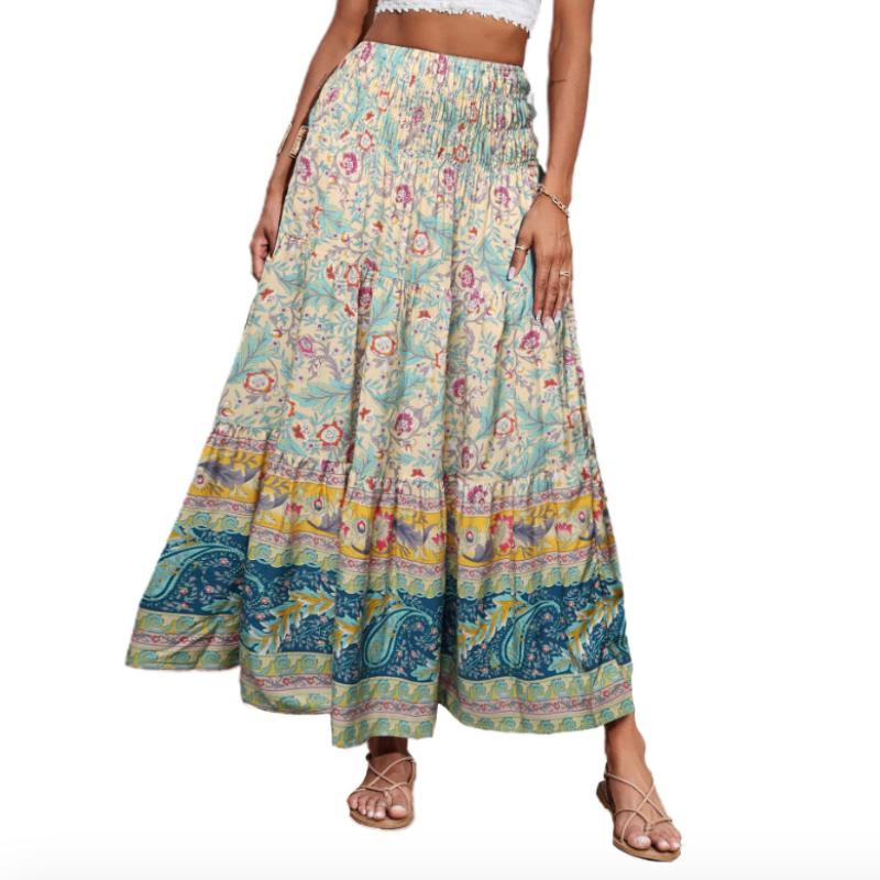 Женская летняя юбка с принтом, большая юбка-солнце, богемная повседневная юбка с высокой талией, длинная юбка, пляжная юбка для женщин