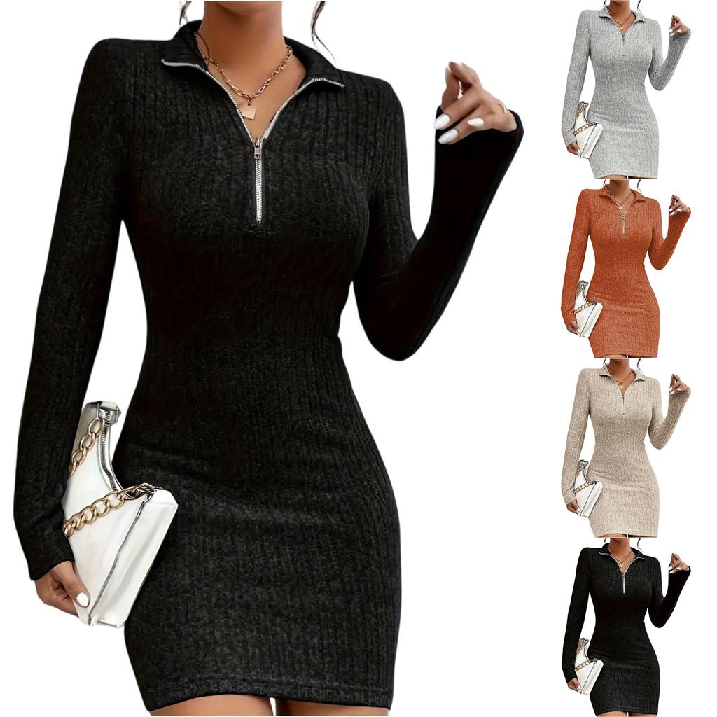 Ladies' Comfortable Casual Fashionable Solid Color Zipper Lapel Hip Hugging Dress