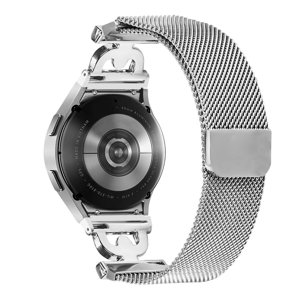For Samsung Galaxy Watch7 40mm 44mm Watch Band Silver Milanese Stainless Steel Strap with D-Shape Connector