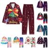 Child 2 Piece Christmas Day Printed Suit Long Sleeve Button Up Top Wide Leg Pants Suit Set Pajamas Home Casual Suit