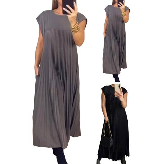 Женское платье плиссированное однотонное свободное платье трапециевидной формы без рукавов до середины икры, мягкое дышащее повседневное платье миди