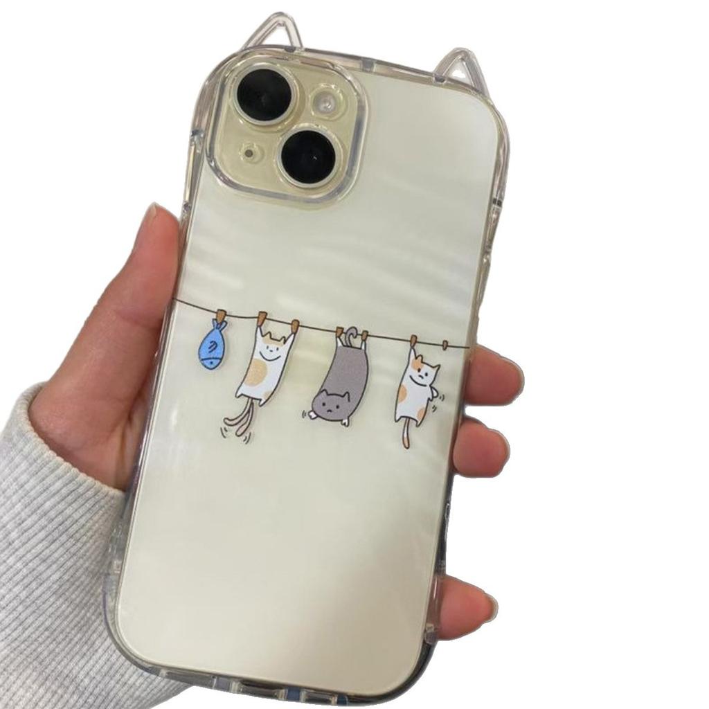 Transparent Cat Ears with Hanging Chain for Apple Shell Transparent Mobile Phone Case Air Bag Anti-fall Mobile Phone Protective Cover Cute Women