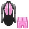 Girls Color Block Sheer Mesh Long Sleeve Rhinestones Leotard Metallic Shorts Gymnastics Figure Skating Outfits