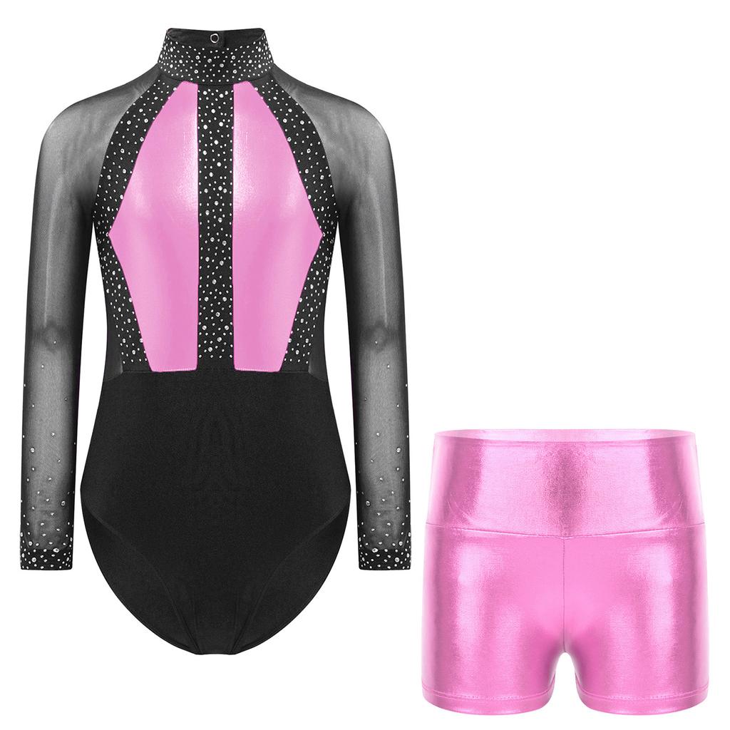 Girls Color Block Sheer Mesh Long Sleeve Rhinestones Leotard Metallic Shorts Gymnastics Figure Skating Outfits