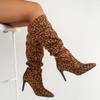 Обувь Женская 2024 Большой Размер Сапоги Женские До Колена На Слипонах Современные Сапоги Женские Леопардовые Плиссированные Остроносые На Тонком Каблуке Женская Обувь
