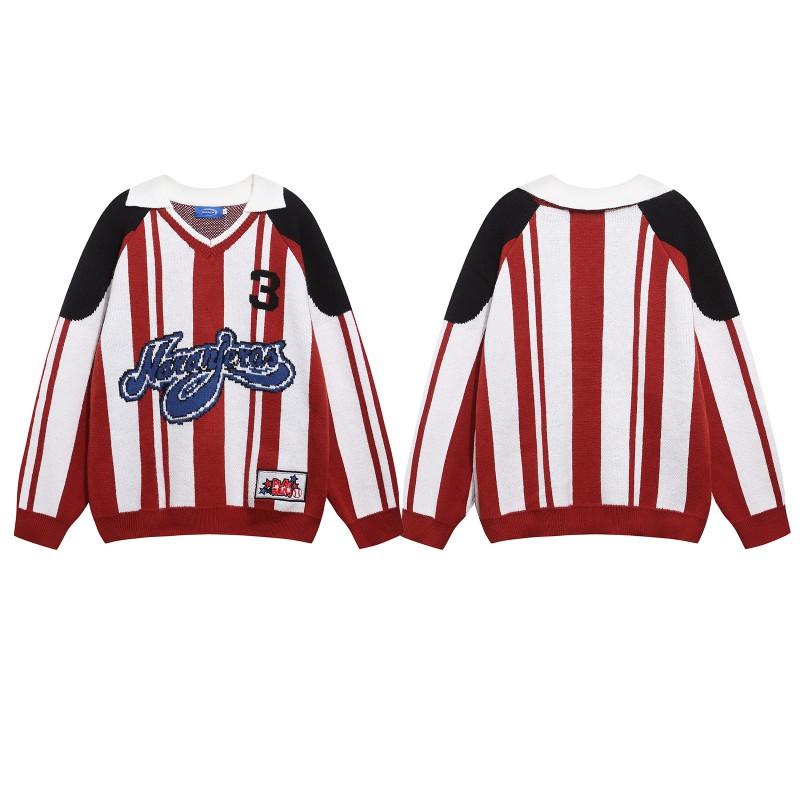 American Vintage Color Block Knit Sweater Loose Fit Pullover Teens Casual Daily Wear