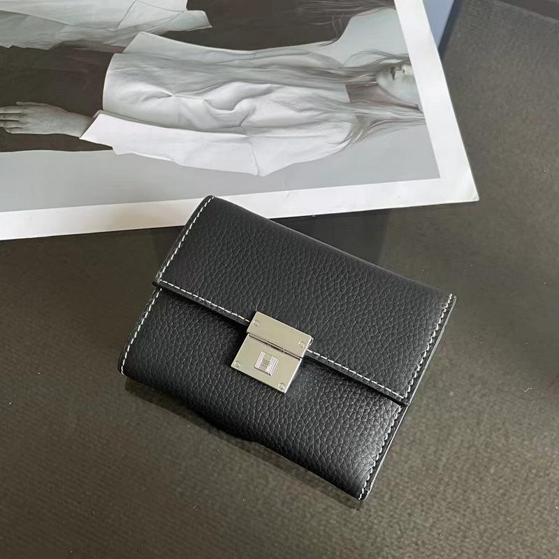 Новый кошелек из натуральной кожи с верхним слоем из коровьей кожи с рисунком личи, короткий кошелек с тремя отделениями, квадратная пряжка, сумка для тофу, Cross Collision