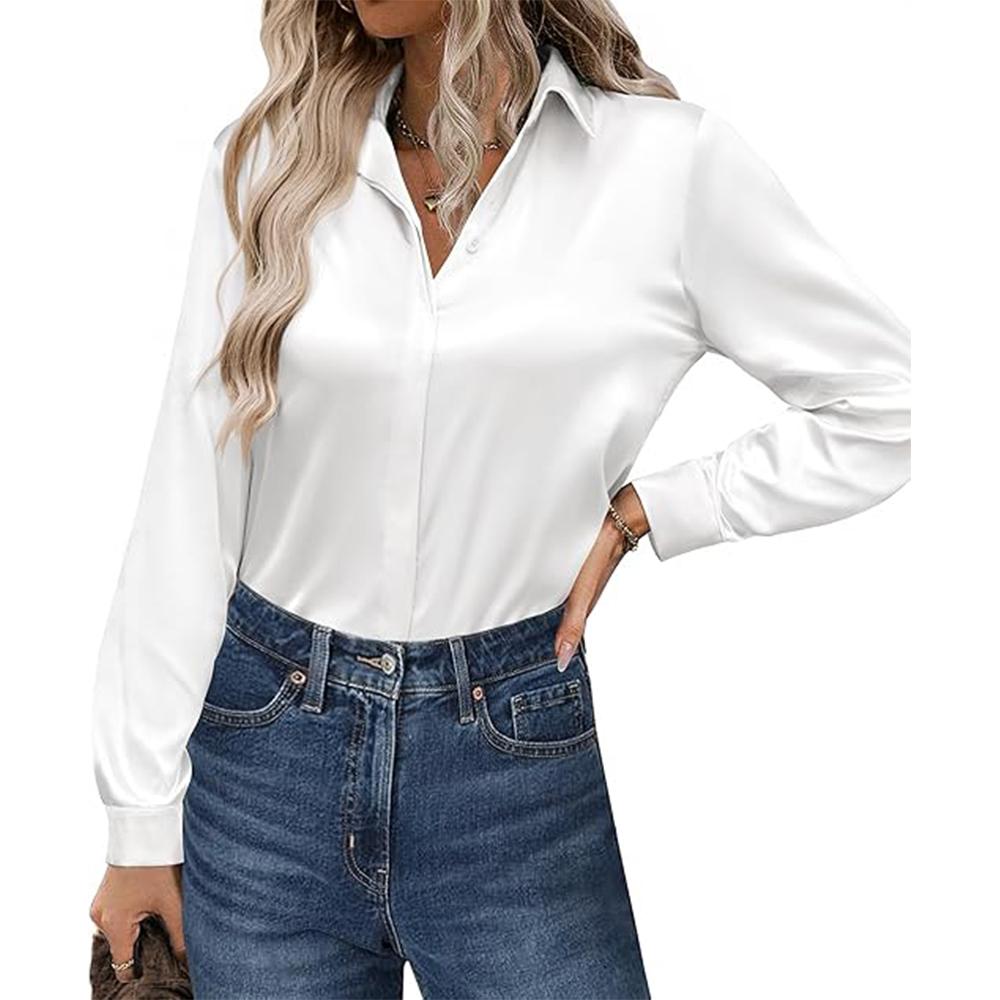 Атласные блузки для женщин, повседневные шелковые рубашки с длинным рукавом, нарядные деловые туники для работы, топы