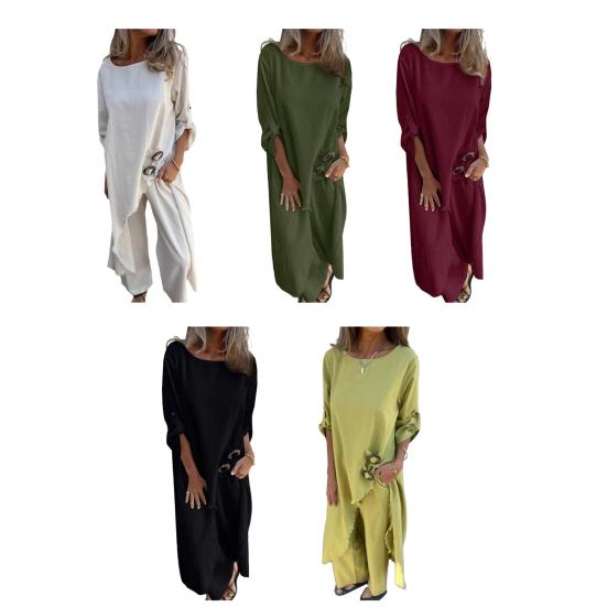 Женский асимметричный комплект из двух предметов с высоким и низким подолом, топ с круглым вырезом и разрезом, широкие брюки, костюм для отдыха, весна-осень, повседневный свободный наряд для повседневной носки, путешествий, пляжа