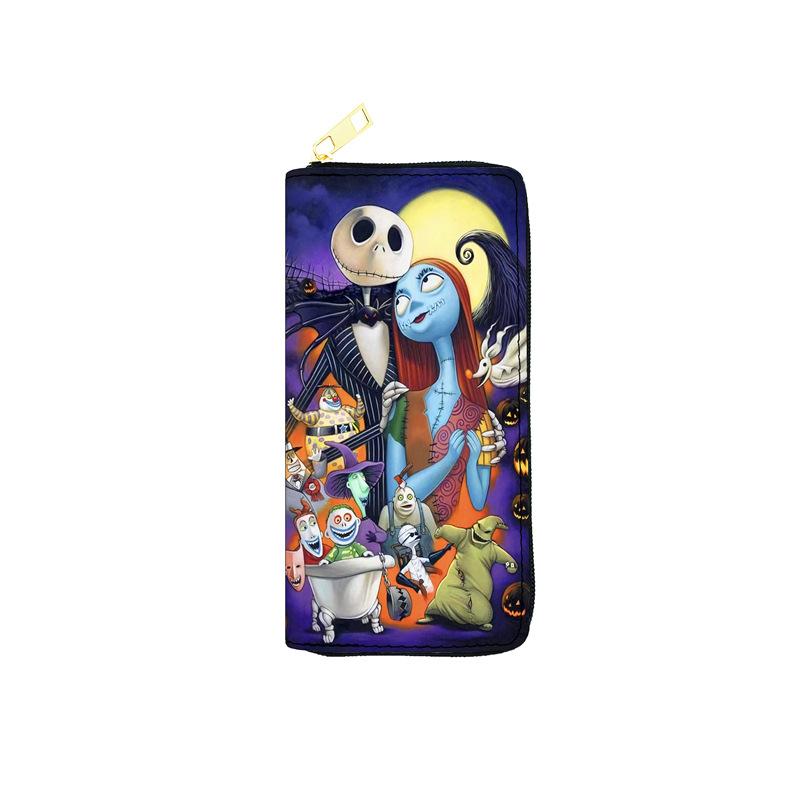 Nightmare Before Christmas PU Long Zip Wallet for Women Jack Skellington Print Clutch Purse Makeup Bag 3pcs