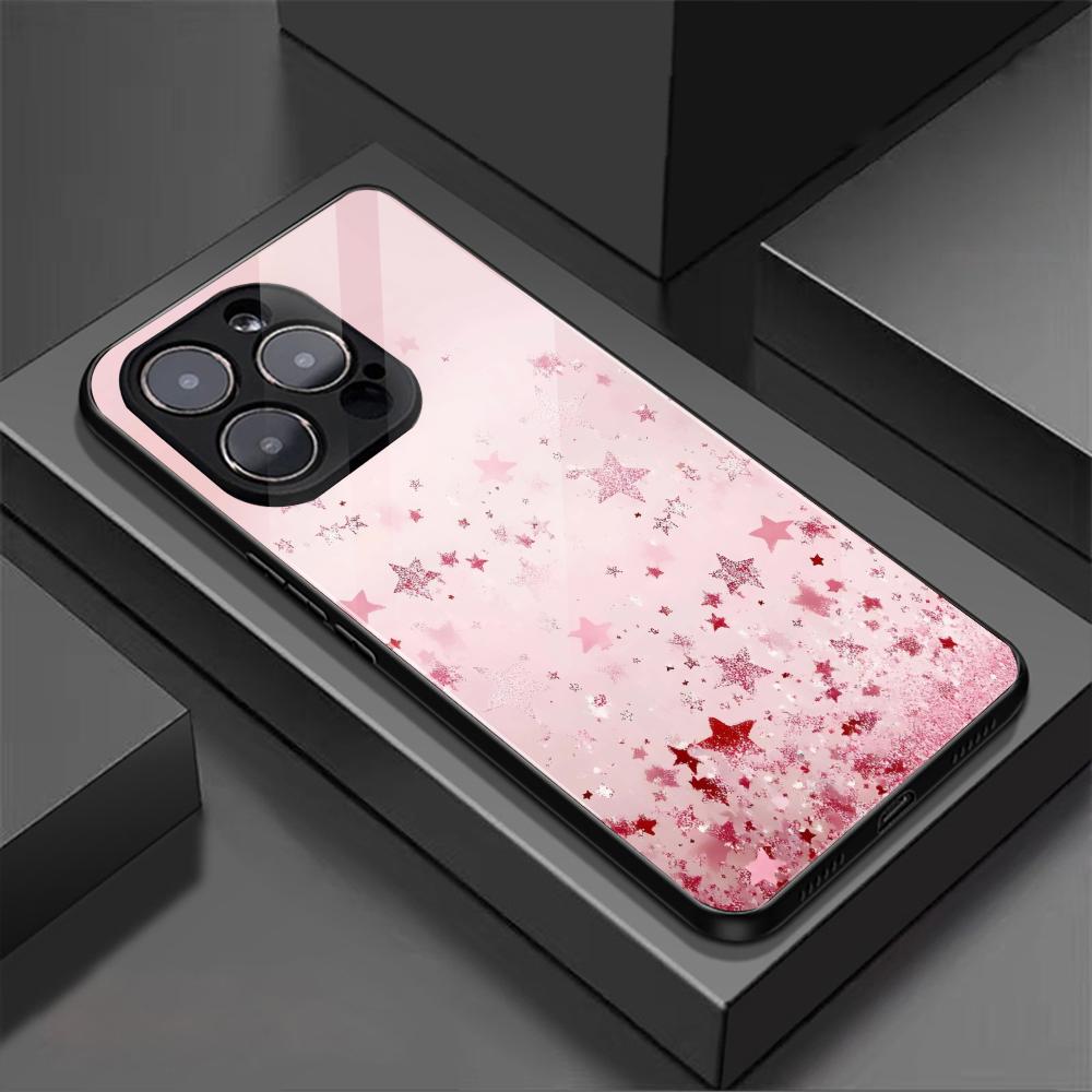 Pink Sparkling Stars Glossy Glass Phone Cover For iPhone 17 16 15 14 13 18 Pro Max Plus Anti‑Fingerprint Protective Shell
