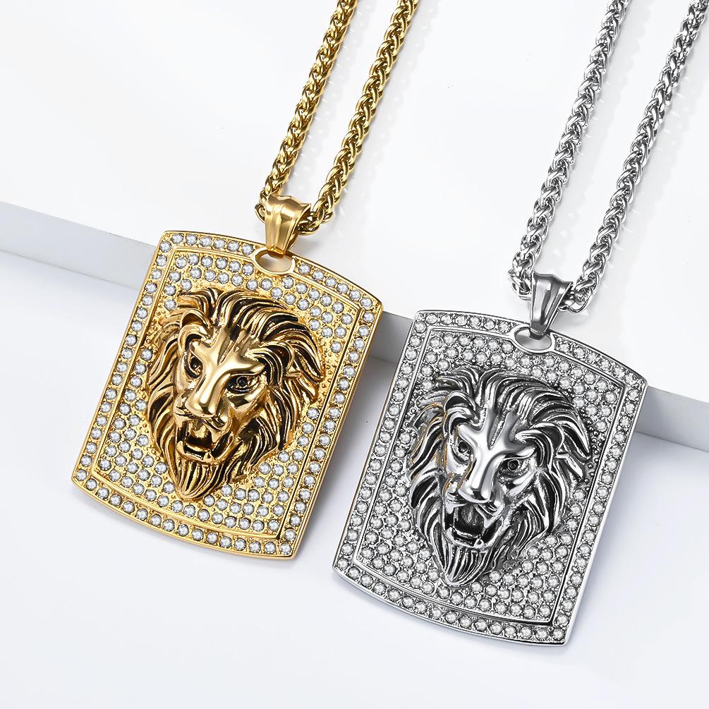 European and American Popular Hip Hop Style Full Diamond Lion Head Titanium Steel Necklace Men's Trend Hiphop Pendant