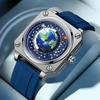 Часы Earth Watch для мужчин Вращающийся циферблат Земли Новый концепт Креативная синяя планета Немеханический указатель Силиконовый ремешок Мужские часы