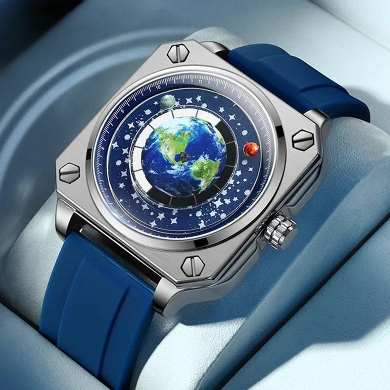 Часы Earth Watch для мужчин Вращающийся циферблат Земли Новый концепт Креативная синяя планета Немеханический указатель Силиконовый ремешок Мужские часы